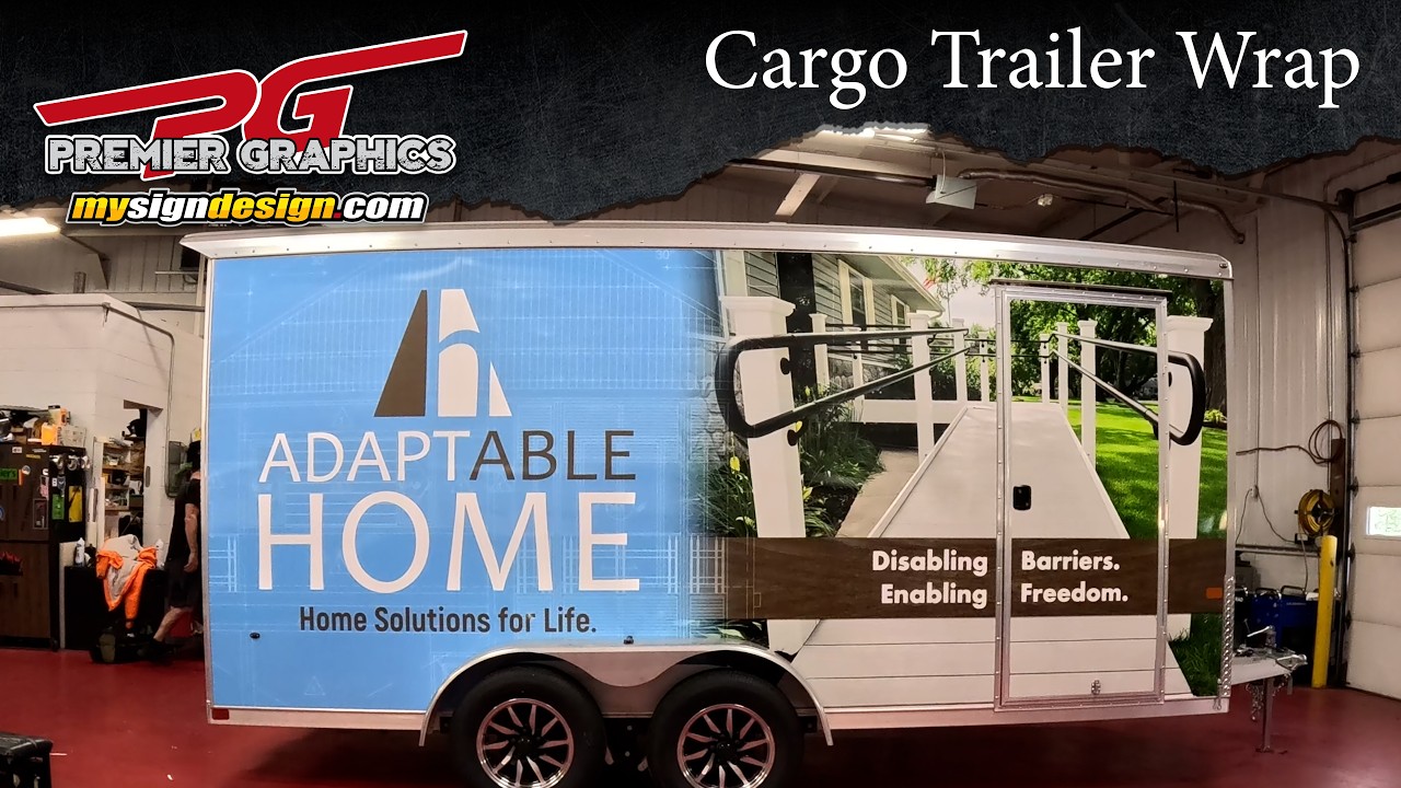 Adaptable Home cargo trailer featuring blue branding and a photograph of an accessible home entrance.