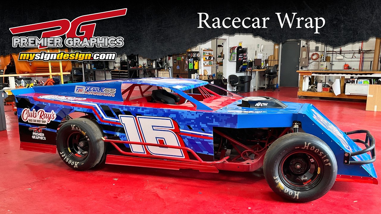Fewless Motorsports number 16 racecar with blue, red and white graphics and sponsor branding.